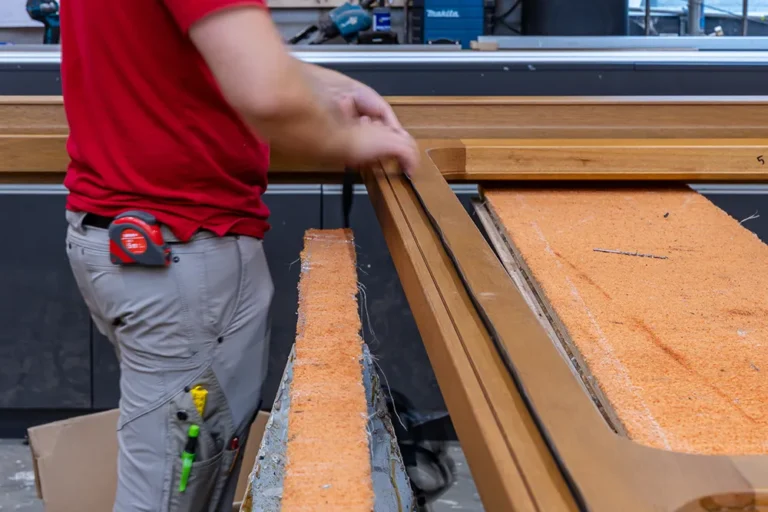 Timmerman werkt een houten profiel af